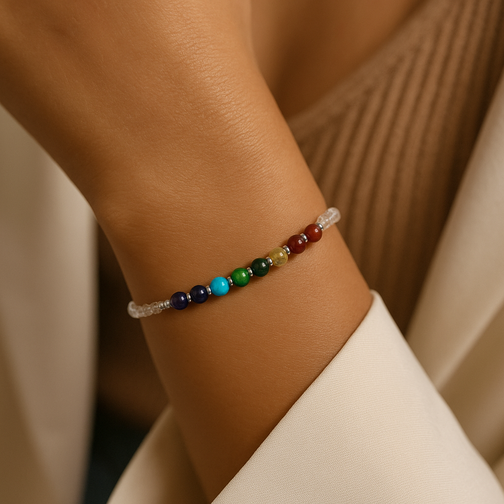 Bracelet "7 Chakras" Cristal de Roche facetté