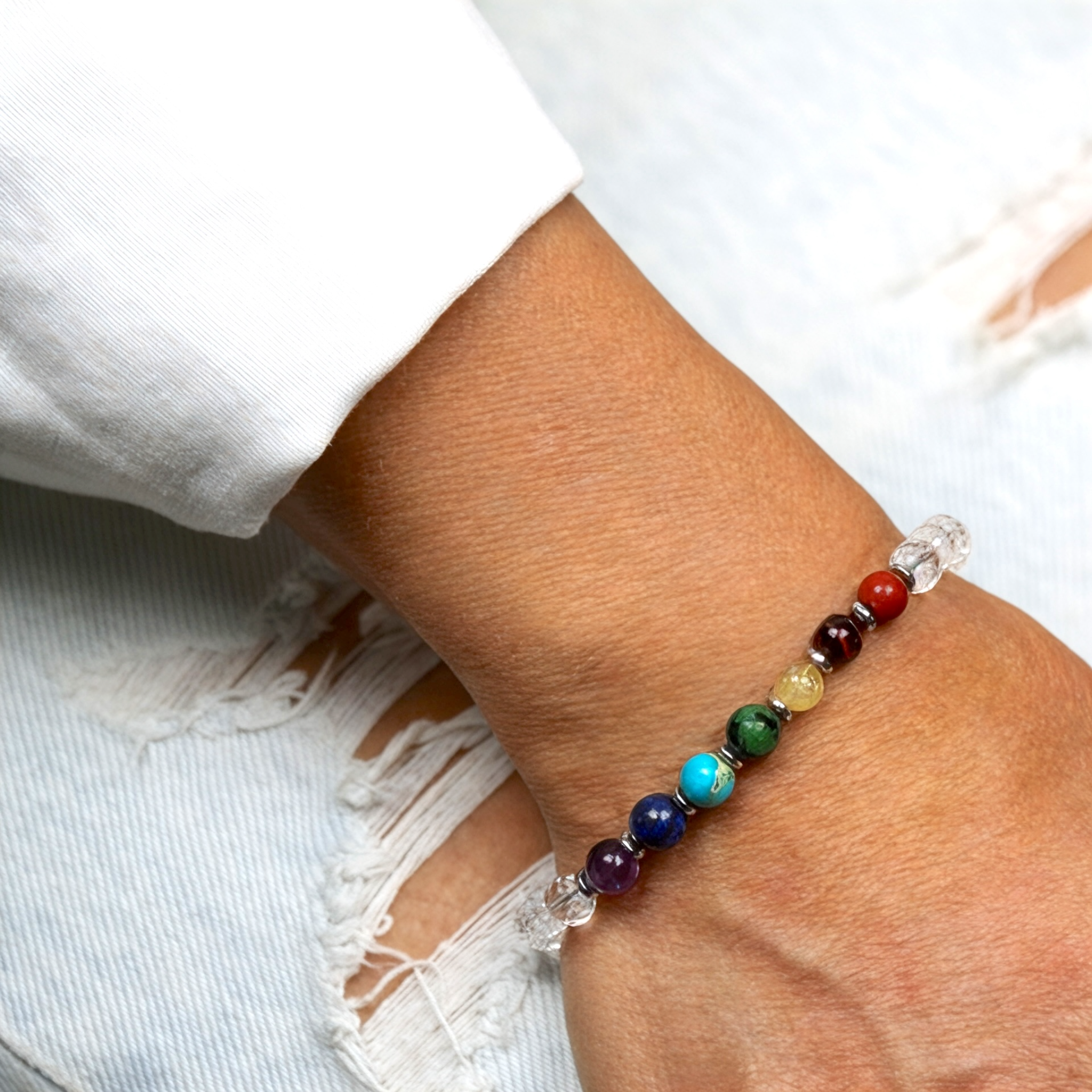 Bracelet "7 Chakras" Cristal de Roche facetté